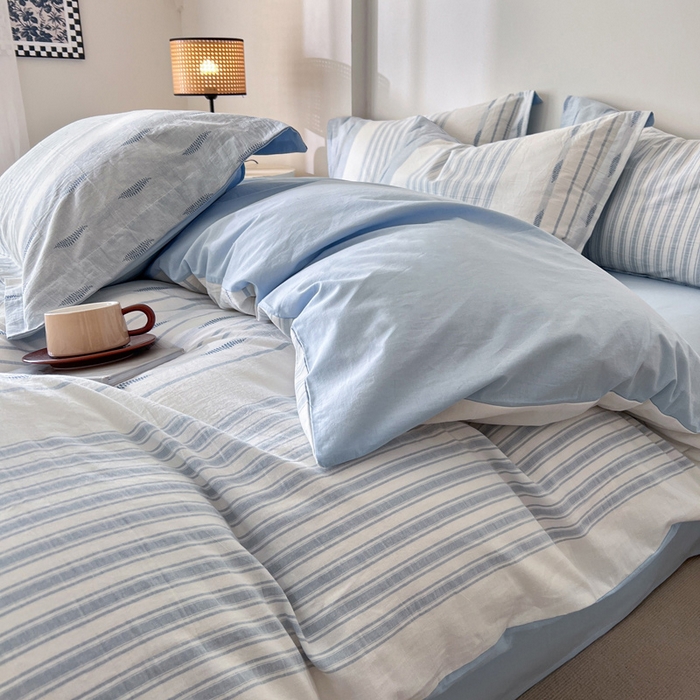 91家纺网 家纺一手货源 找家纺 小懒猪2025色织水洗棉提花四件套 小叶条蓝