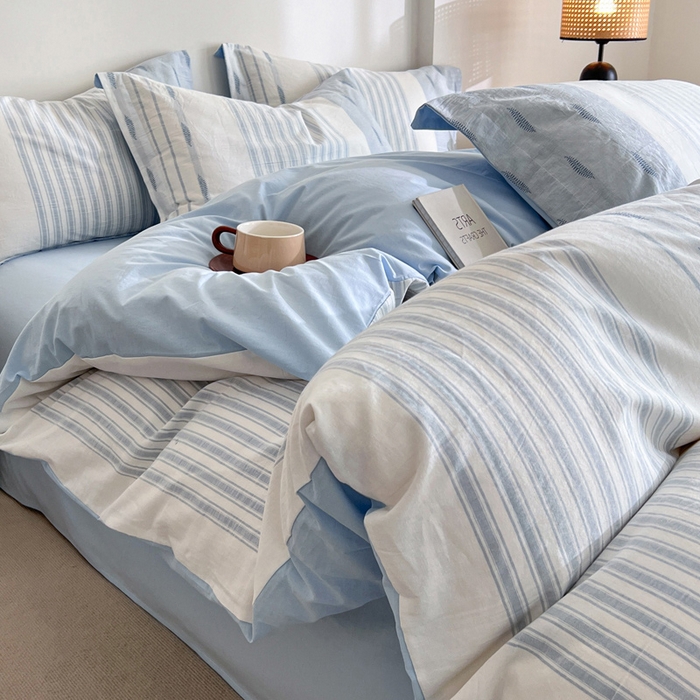 91家纺网 家纺一手货源 找家纺 小懒猪2025色织水洗棉提花四件套 小叶条蓝