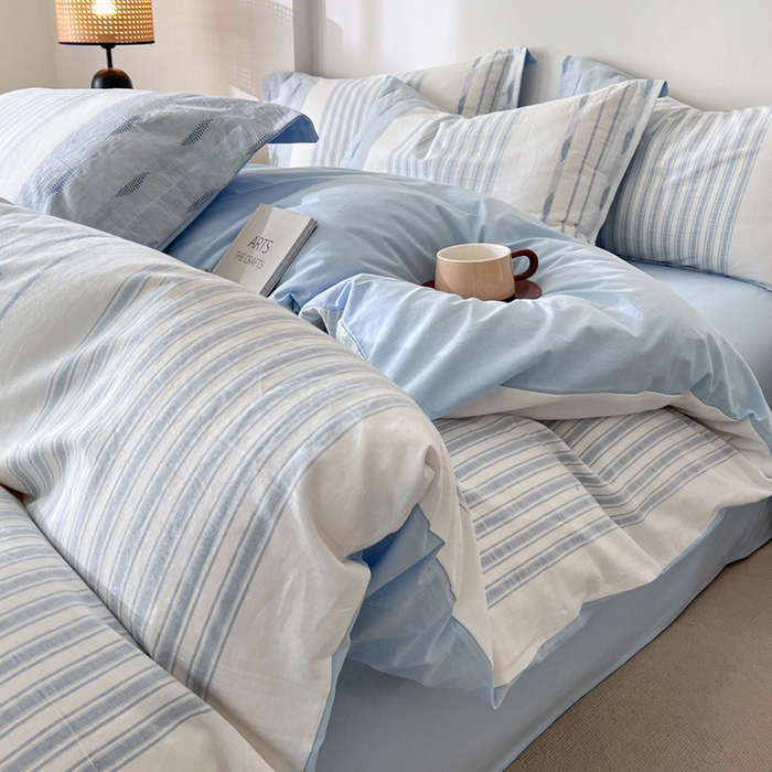 91家纺网 家纺一手货源 找家纺 小懒猪2025色织水洗棉提花四件套 小叶条蓝