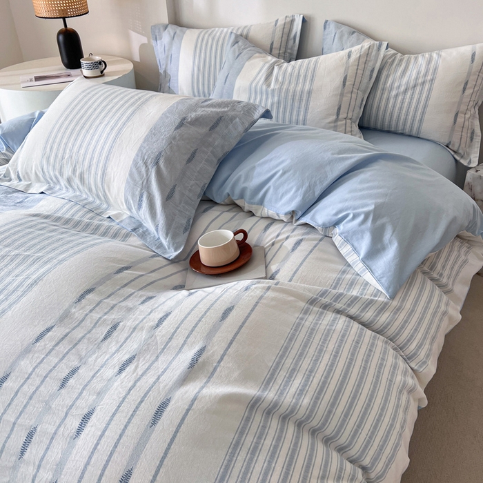 91家纺网 家纺一手货源 找家纺 小懒猪2025色织水洗棉提花四件套 小叶条蓝