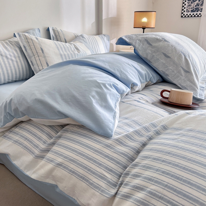 91家纺网 家纺一手货源 找家纺 小懒猪2025色织水洗棉提花四件套 小叶条蓝