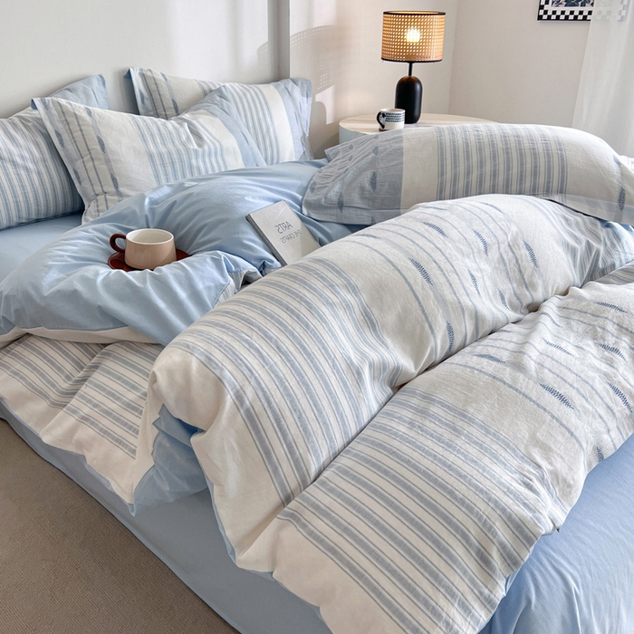 91家纺网 家纺一手货源 找家纺 小懒猪2025色织水洗棉提花四件套 小叶条蓝