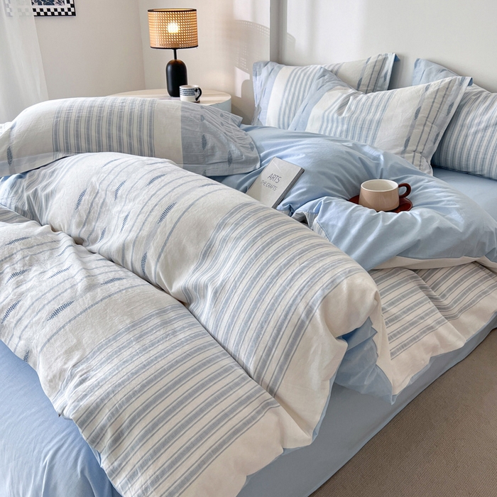 91家纺网 家纺一手货源 找家纺 小懒猪2025色织水洗棉提花四件套 小叶条蓝