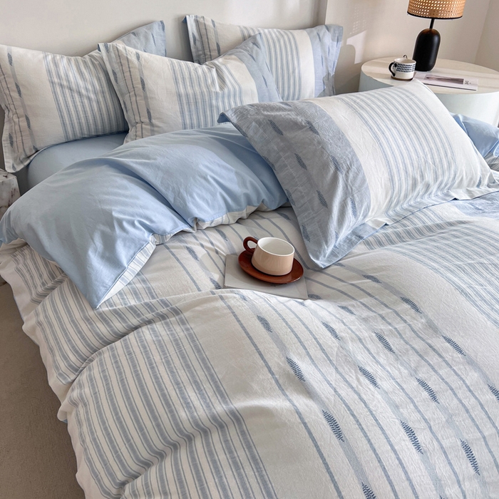 91家纺网 家纺一手货源 找家纺 小懒猪2025色织水洗棉提花四件套 小叶条蓝