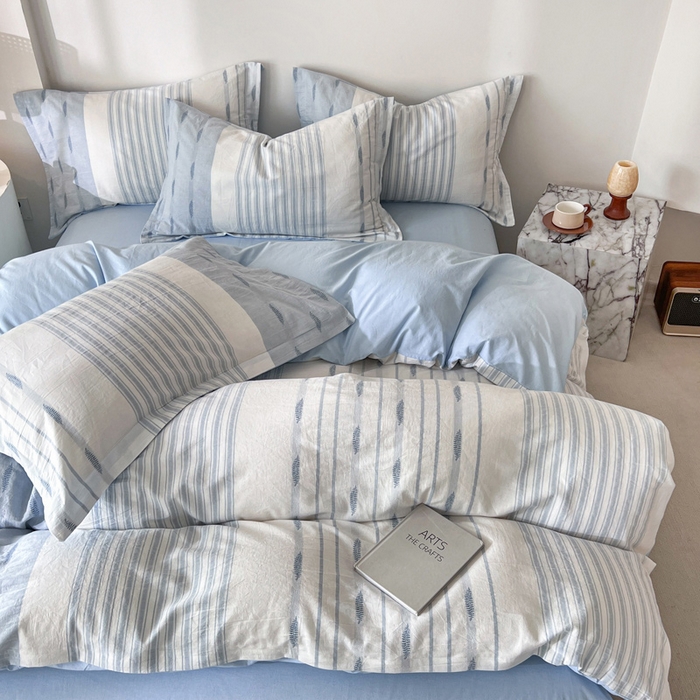 91家纺网 家纺一手货源 找家纺 小懒猪2025色织水洗棉提花四件套 小叶条蓝