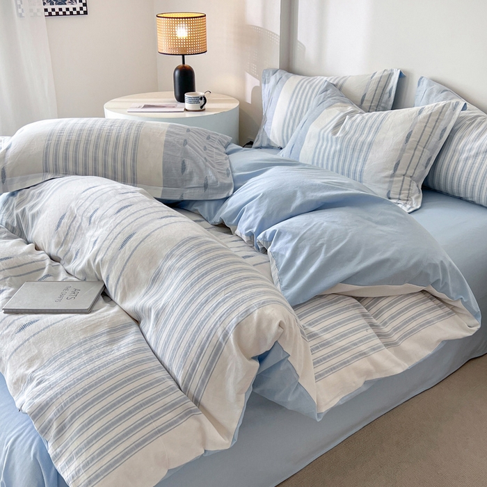 91家纺网 家纺一手货源 找家纺 小懒猪2025色织水洗棉提花四件套 小叶条蓝