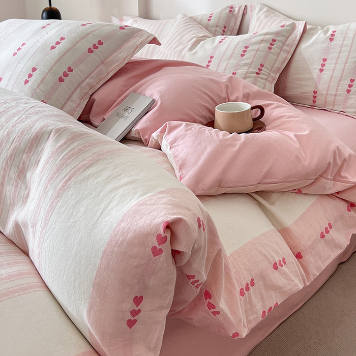 小懒猪2025色织水洗棉提花四件套 爱心条粉