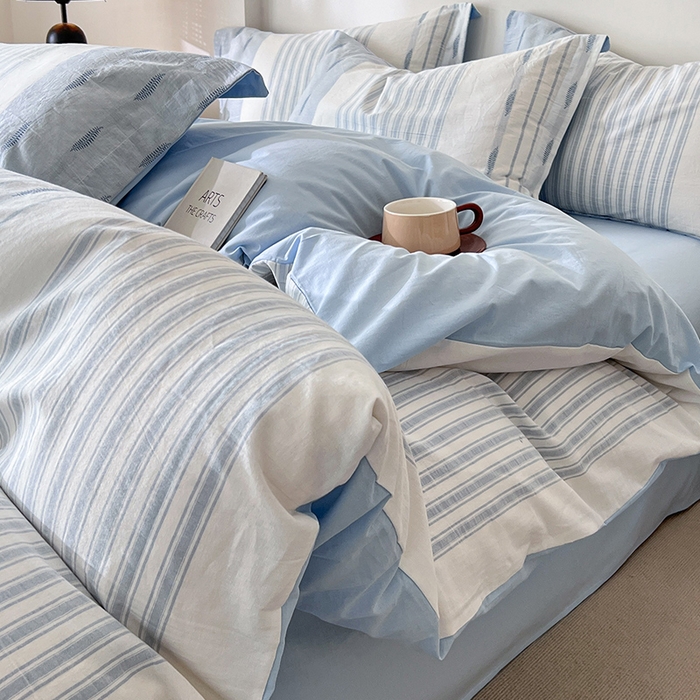 小懒猪2025色织水洗棉提花四件套 小叶条蓝