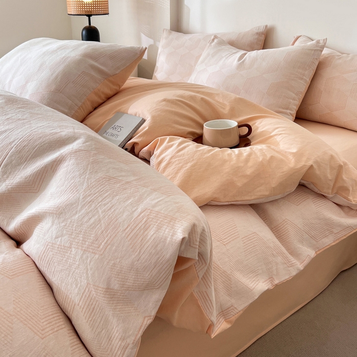 91家纺网 家纺一手货源 找家纺 小懒猪2025色织水洗双层纱提花四件套 几何橘