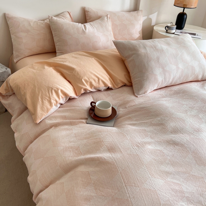 91家纺网 家纺一手货源 找家纺 小懒猪2025色织水洗双层纱提花四件套 几何橘