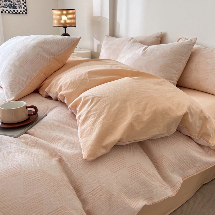 91家纺网 家纺一手货源 找家纺 小懒猪2025色织水洗双层纱提花四件套 几何橘