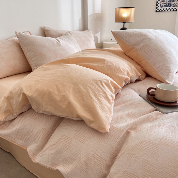 91家纺网 家纺一手货源 找家纺 小懒猪2025色织水洗双层纱提花四件套 几何橘