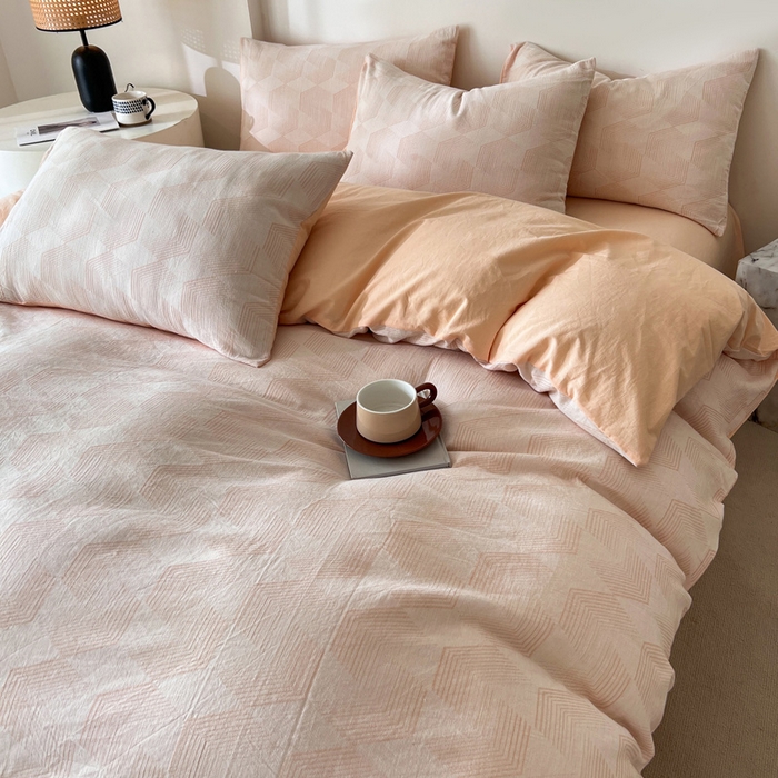 91家纺网 家纺一手货源 找家纺 小懒猪2025色织水洗双层纱提花四件套 几何橘