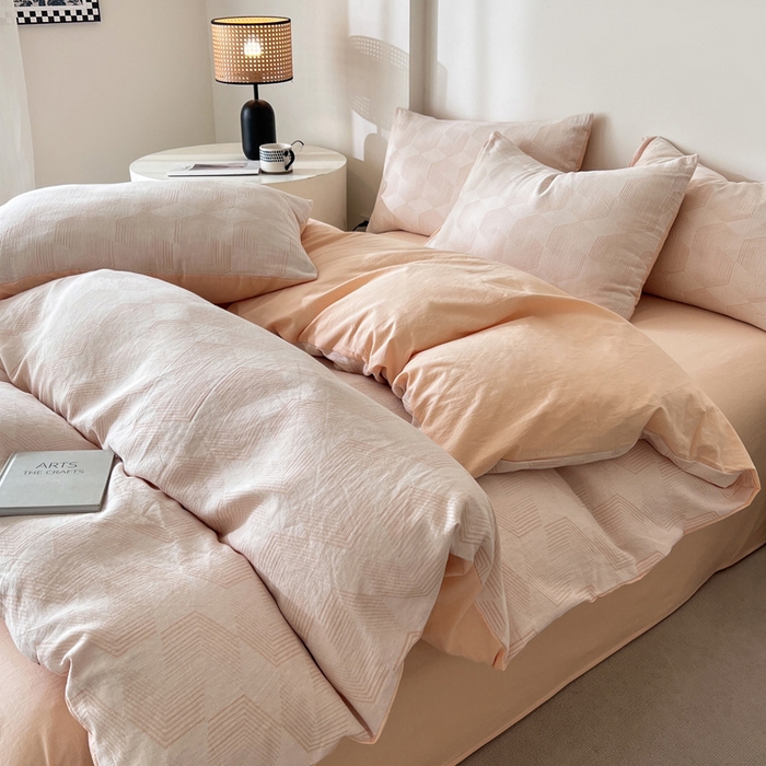 91家纺网 家纺一手货源 找家纺 小懒猪2025色织水洗双层纱提花四件套 几何橘