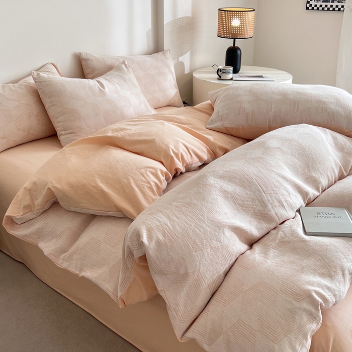 91家纺网 家纺一手货源 找家纺 小懒猪2025色织水洗双层纱提花四件套 几何橘