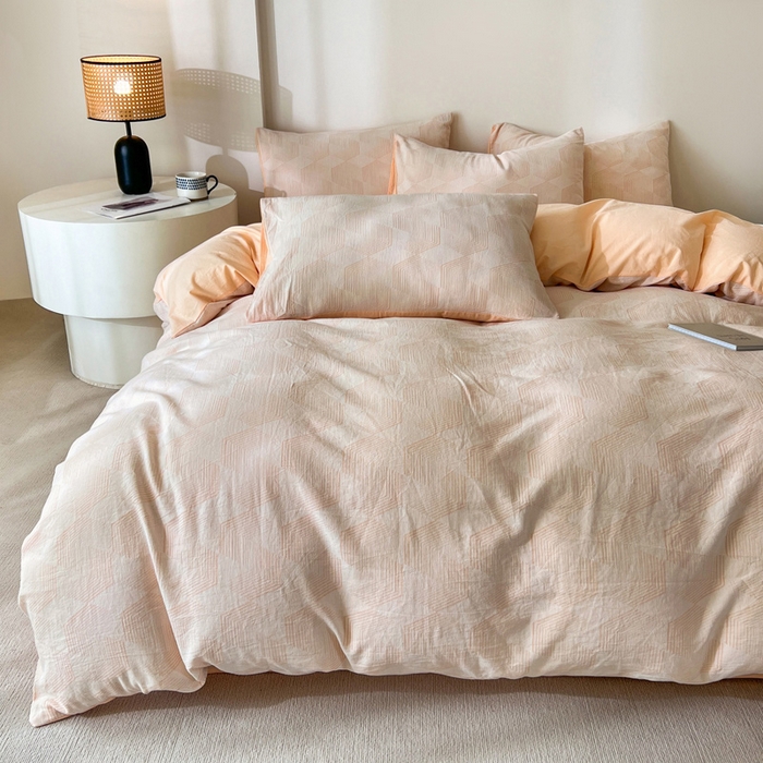 91家纺网 家纺一手货源 找家纺 小懒猪2025色织水洗双层纱提花四件套 几何橘