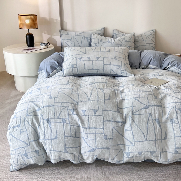 91家纺网 家纺一手货源 找家纺 小懒猪2025色织水洗双层纱提花四件套 泊影