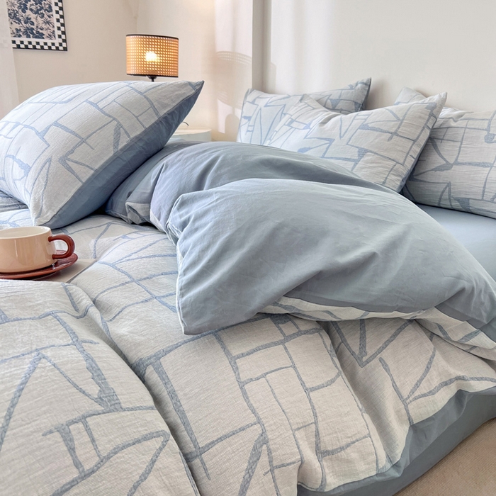 91家纺网 家纺一手货源 找家纺 小懒猪2025色织水洗双层纱提花四件套 泊影