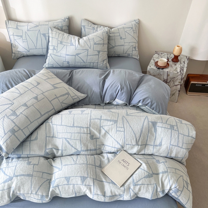 91家纺网 家纺一手货源 找家纺 小懒猪2025色织水洗双层纱提花四件套 泊影