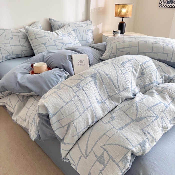 91家纺网 家纺一手货源 找家纺 小懒猪2025色织水洗双层纱提花四件套 泊影