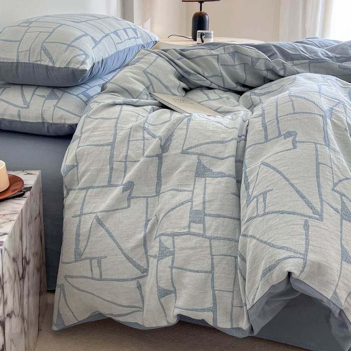 91家纺网 家纺一手货源 找家纺 小懒猪2025色织水洗双层纱提花四件套 泊影