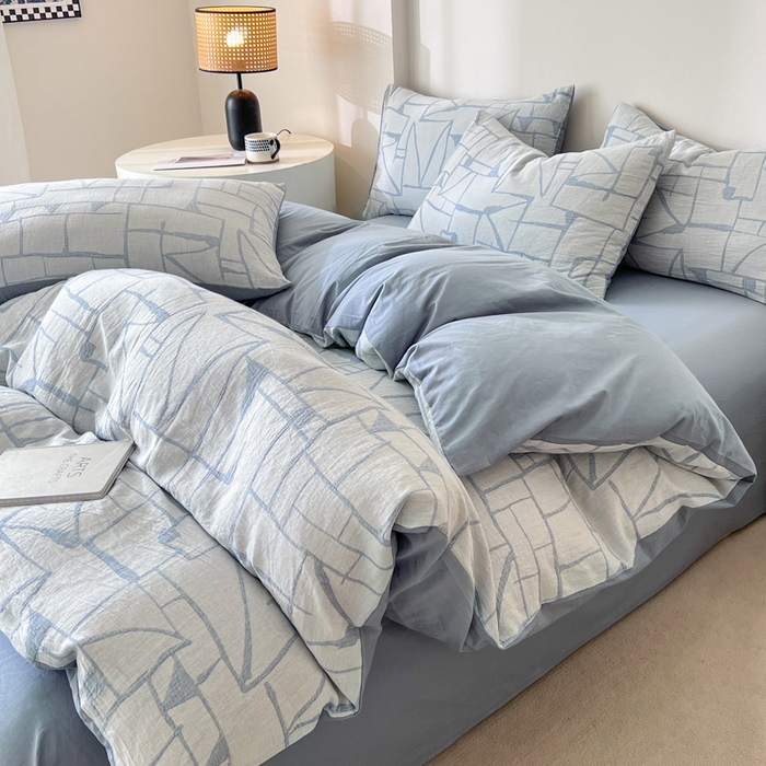 91家纺网 家纺一手货源 找家纺 小懒猪2025色织水洗双层纱提花四件套 泊影