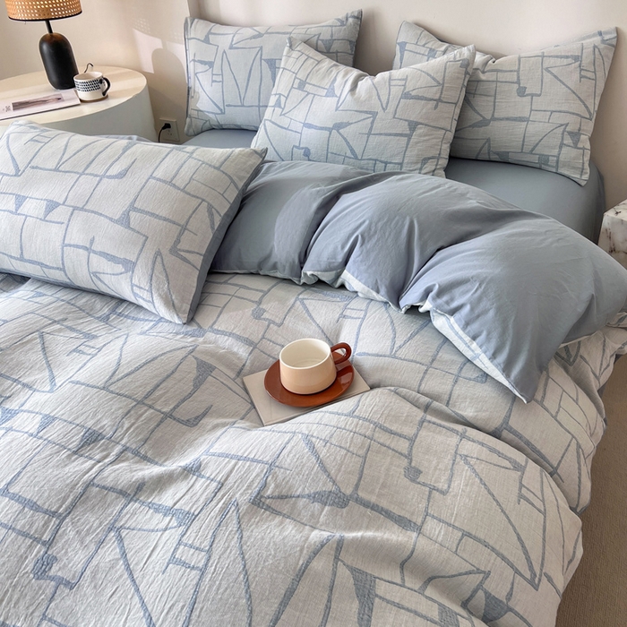 91家纺网 家纺一手货源 找家纺 小懒猪2025色织水洗双层纱提花四件套 泊影