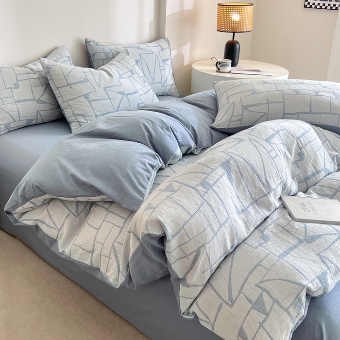 91家纺网 家纺一手货源 找家纺 小懒猪2025色织水洗双层纱提花四件套 泊影