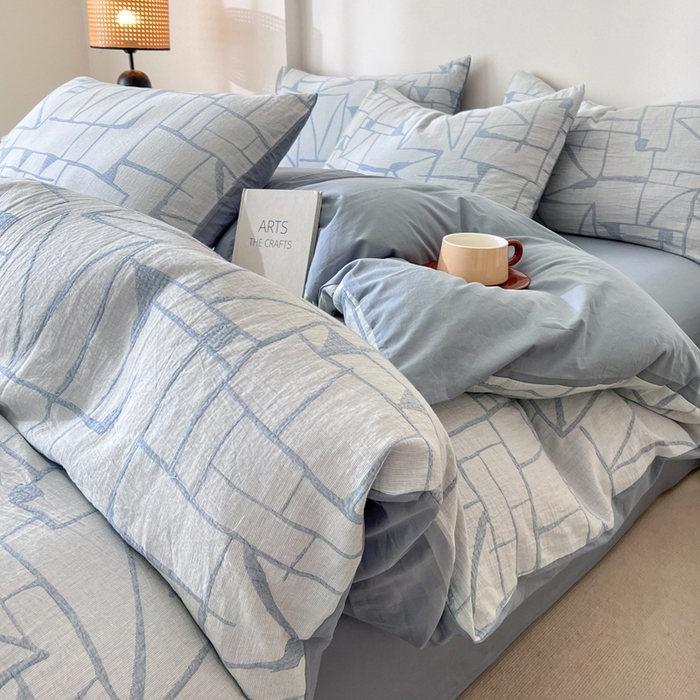 91家纺网 家纺一手货源 找家纺 小懒猪2025色织水洗双层纱提花四件套 泊影