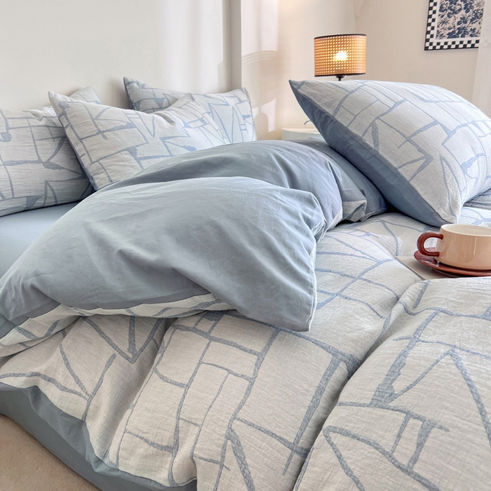 91家纺网 家纺一手货源 找家纺 小懒猪2025色织水洗双层纱提花四件套 泊影