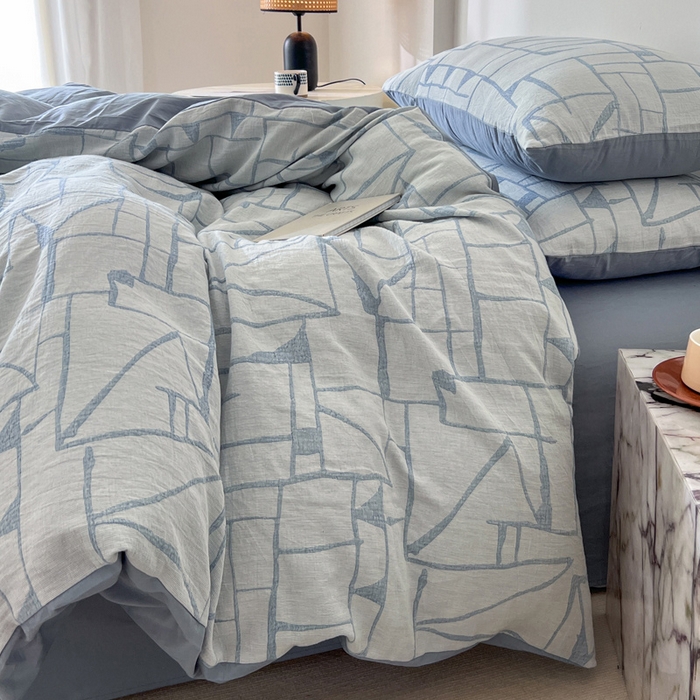 91家纺网 家纺一手货源 找家纺 小懒猪2025色织水洗双层纱提花四件套 泊影