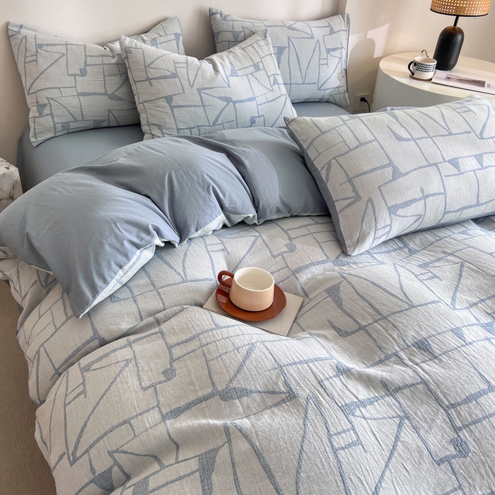 91家纺网 家纺一手货源 找家纺 小懒猪2025色织水洗双层纱提花四件套 泊影