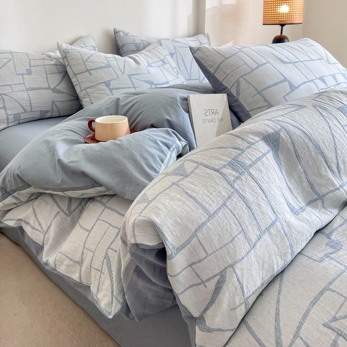 91家纺网 家纺一手货源 找家纺 小懒猪2025色织水洗双层纱提花四件套 泊影