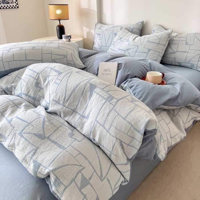 91家纺网 家纺一手货源 找家纺 小懒猪2025色织水洗双层纱提花四件套 泊影