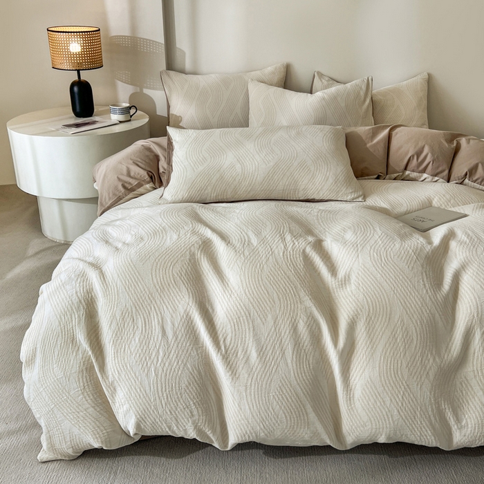 91家纺网 家纺一手货源 找家纺 小懒猪2025色织水洗双层纱提花四件套 溪言