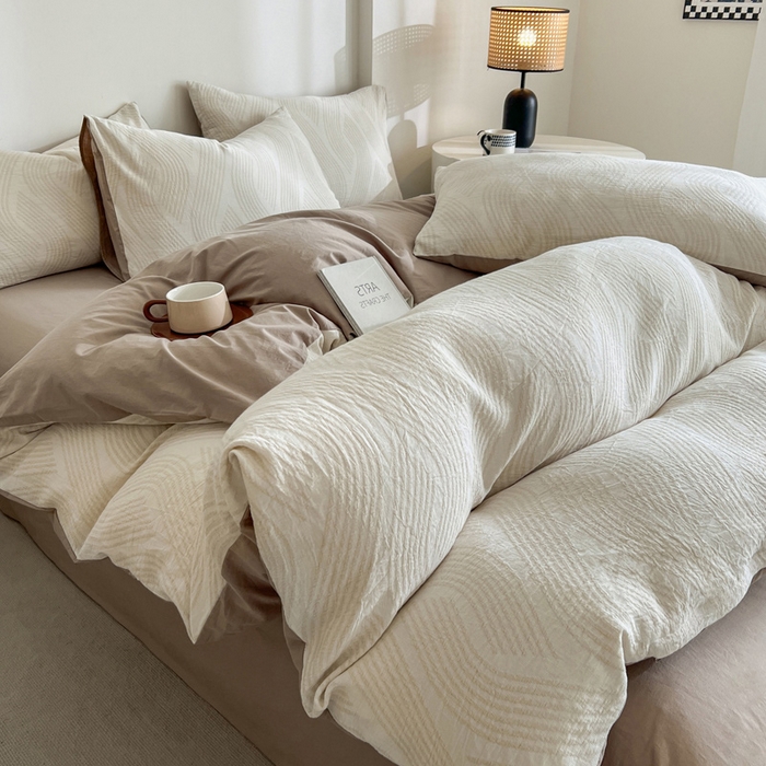 91家纺网 家纺一手货源 找家纺 小懒猪2025色织水洗双层纱提花四件套 溪言