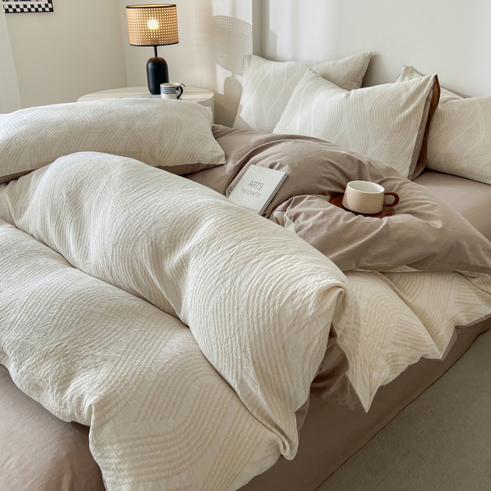 91家纺网 家纺一手货源 找家纺 小懒猪2025色织水洗双层纱提花四件套 溪言