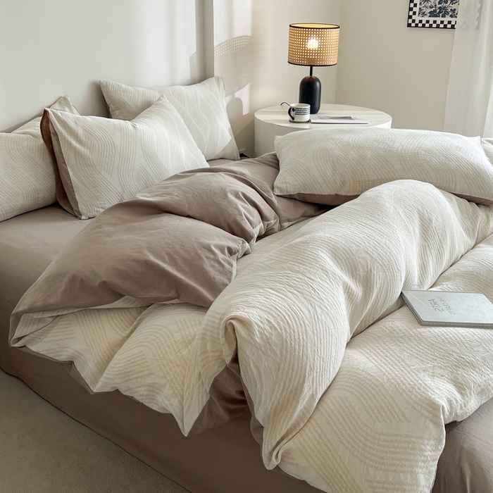 91家纺网 家纺一手货源 找家纺 小懒猪2025色织水洗双层纱提花四件套 溪言