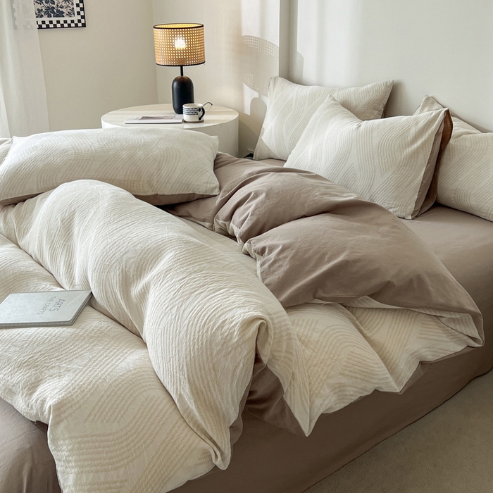 91家纺网 家纺一手货源 找家纺 小懒猪2025色织水洗双层纱提花四件套 溪言