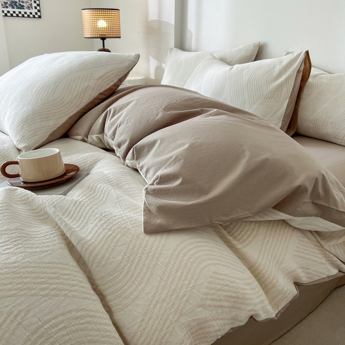 91家纺网 家纺一手货源 找家纺 小懒猪2025色织水洗双层纱提花四件套 溪言