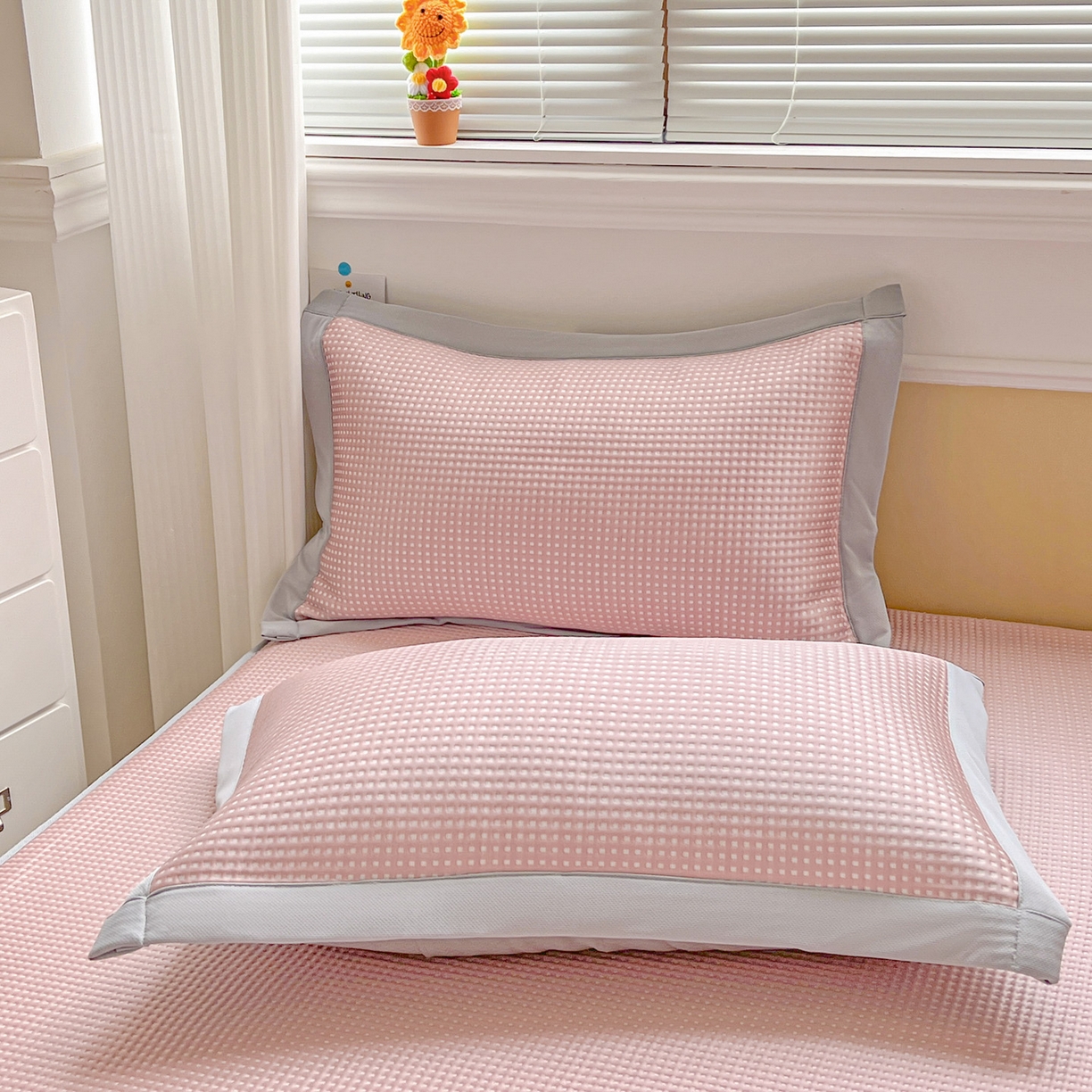 91家纺网 家纺一手货源 找家纺 慕尚家纺 2025新款冰豆豆带有乙纶刺绣凉席席子床笠款 太棒了的兔-粉 床笠款