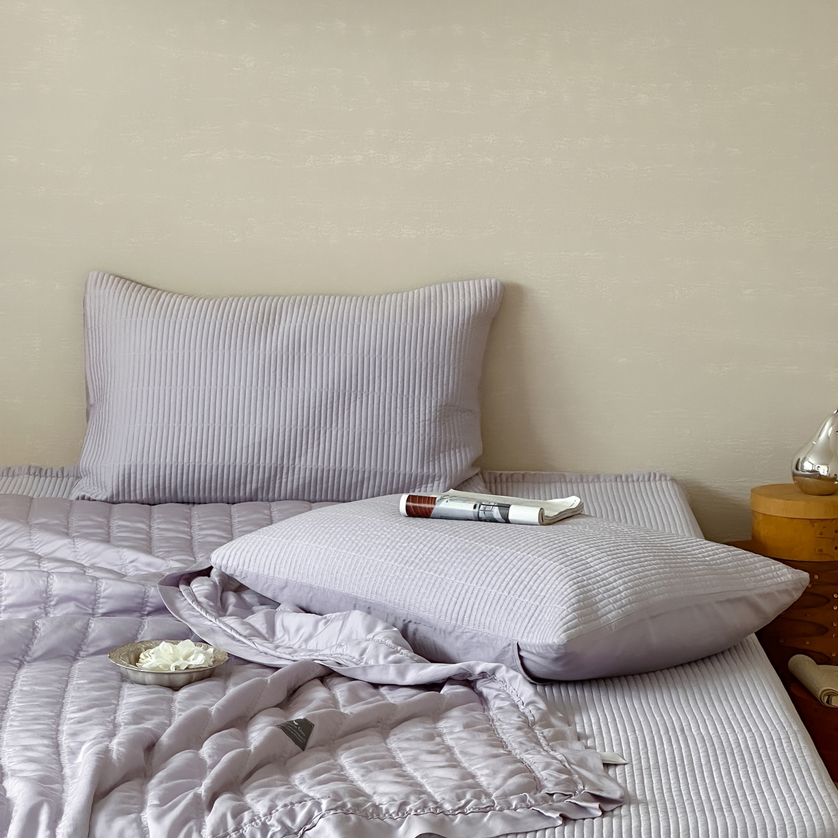 91家纺网 家纺一手货源 找家纺 汇庭 2025新款荷叶被自然床盖系列 荷叶紫（自然紫）