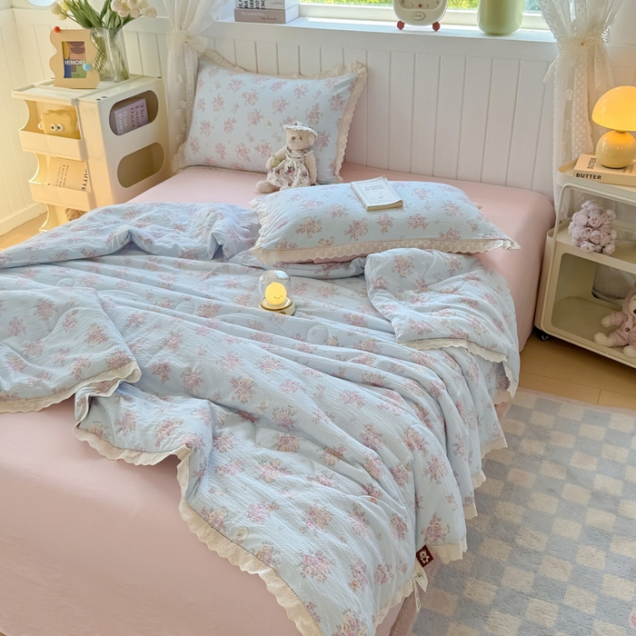 91家纺网 家纺一手货源 找家纺 丽美人家纺 2025新款韩版花边皱皱纱夏被四件套 铃兰