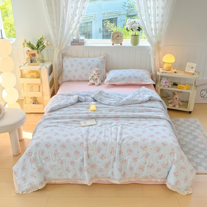 91家纺网 家纺一手货源 找家纺 丽美人家纺 2025新款韩版花边皱皱纱夏被四件套 铃兰