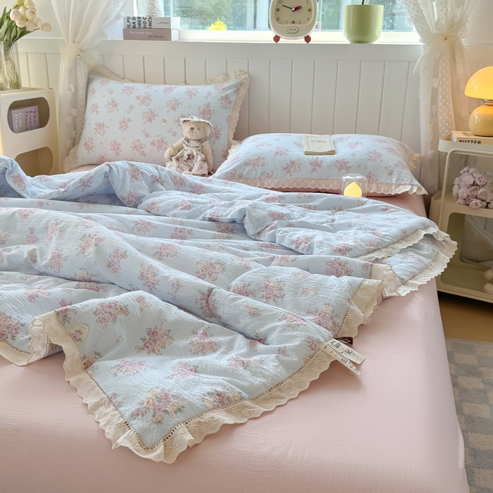 91家纺网 家纺一手货源 找家纺 丽美人家纺 2025新款韩版花边皱皱纱夏被四件套 铃兰