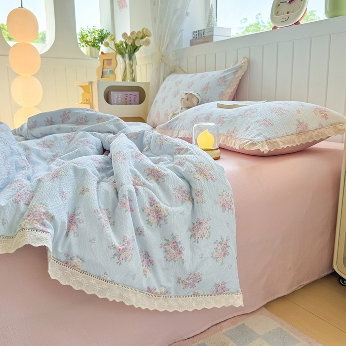 91家纺网 家纺一手货源 找家纺 丽美人家纺 2025新款韩版花边皱皱纱夏被四件套 铃兰