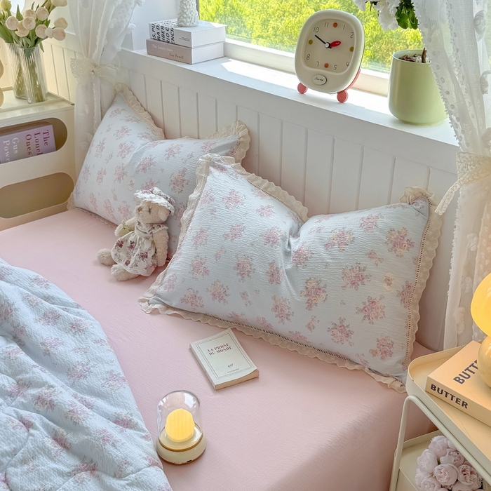 91家纺网 家纺一手货源 找家纺 丽美人家纺 2025新款韩版花边皱皱纱夏被四件套 铃兰