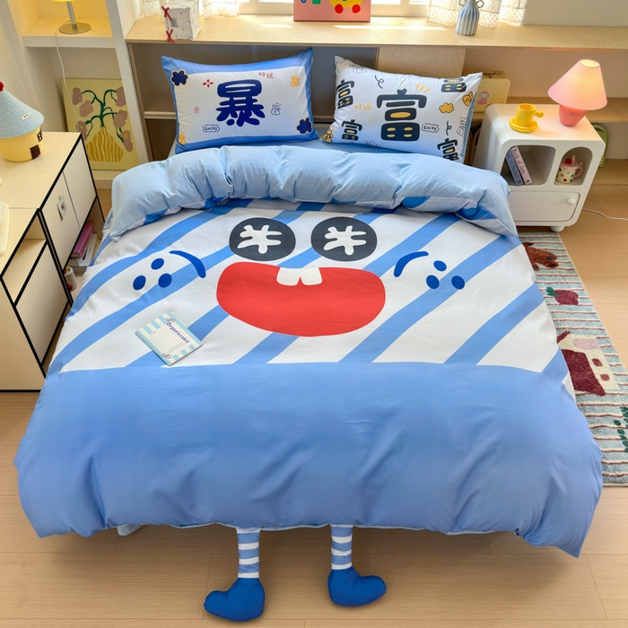 91家纺网 家纺一手货源 找家纺 一霖家纺 2025新款高克重云朵棉大版数码带脚丫四件套 大版-暴富来财