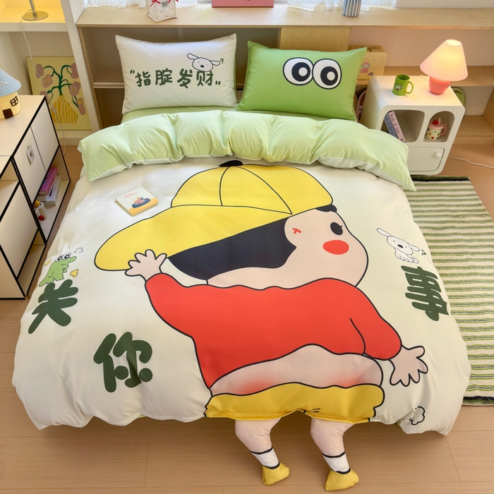 91家纺网 家纺一手货源 找家纺 一霖家纺 2025新款高克重云朵棉大版数码带脚丫四件套 大版-调皮的小新