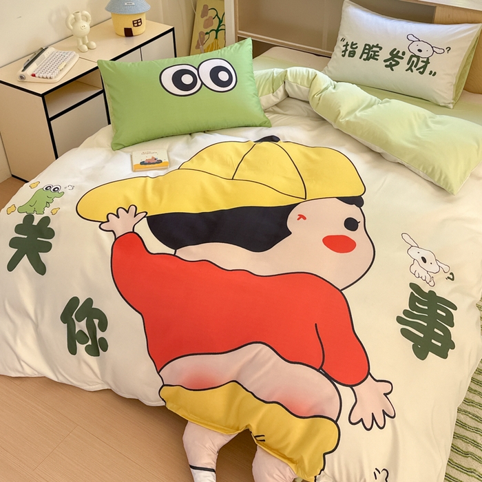 91家纺网 家纺一手货源 找家纺 一霖家纺 2025新款高克重云朵棉大版数码带脚丫四件套 大版-调皮的小新